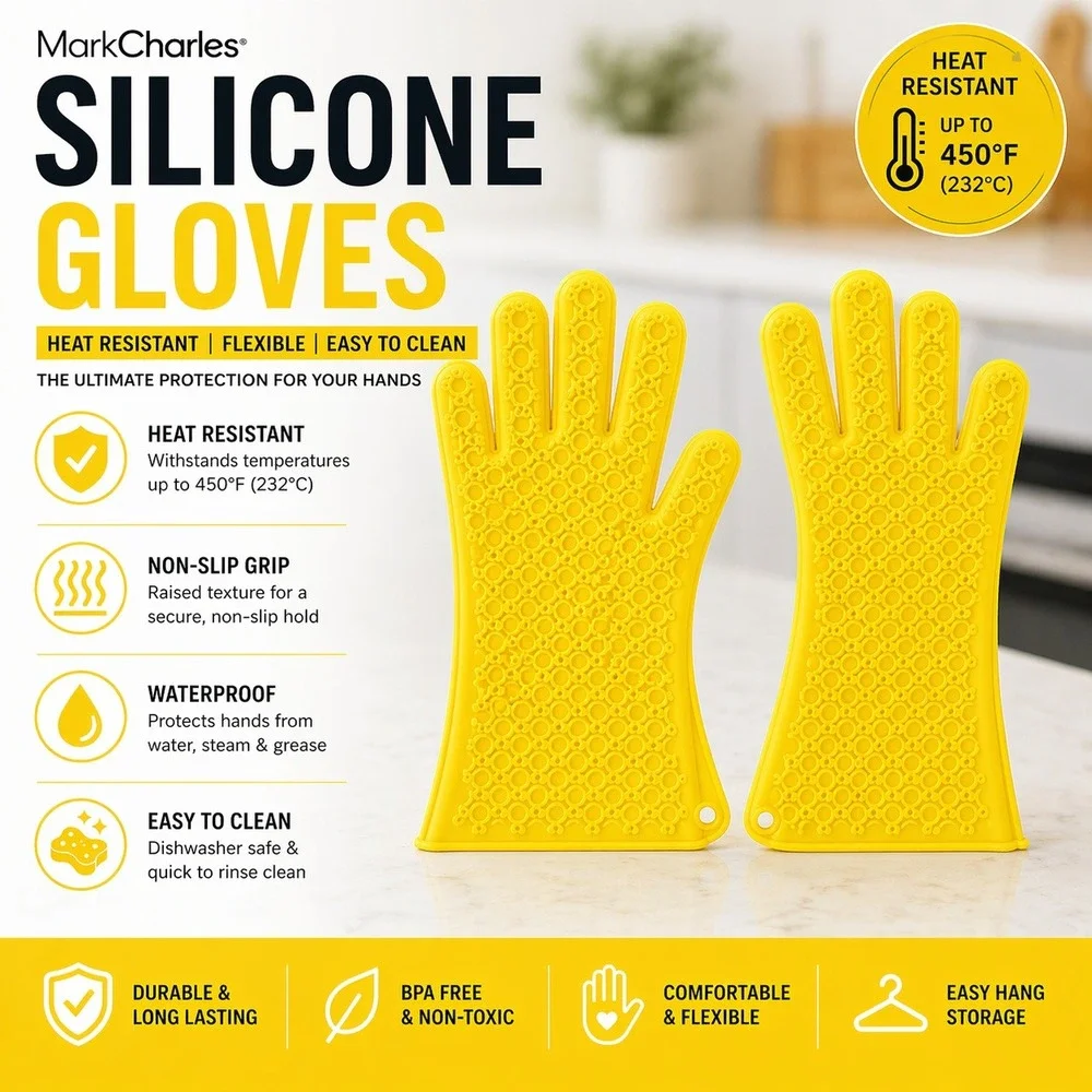 MarkCharles Silicone Gloves Yellow Heat Resistant Non-Slip Waterproof Oven Mitts
